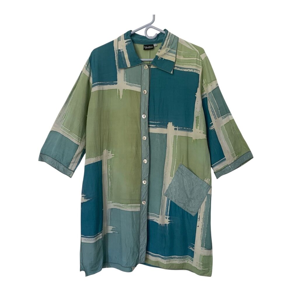 IguaNa Womens Blouse MED Blue Button Down Long Patchwork Boxy Fit Artsy Jacket